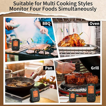 Wireless Meat Thermometer for Cooking, Digital Meat Thermometer with 4 Probes, 500FT Ultra Accurate & Fast Food Thermometer for Oven, Smoker, Green