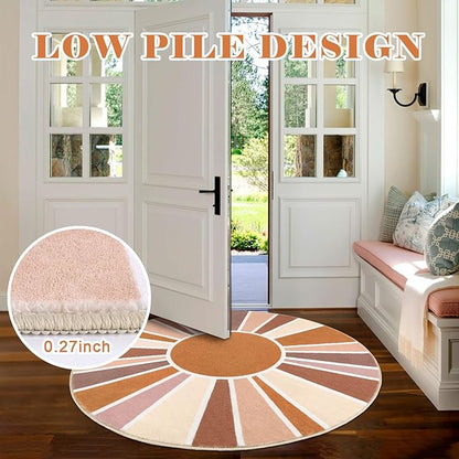 Topotdor Sun Rainbow Round Rug 5.2ft Boho Kids Nursery Rug, Colorful Washable Area Rug Ultra Soft Circle Classroom Rug Non-Slip for Bedroom Living Room Playroom Decor, Orange