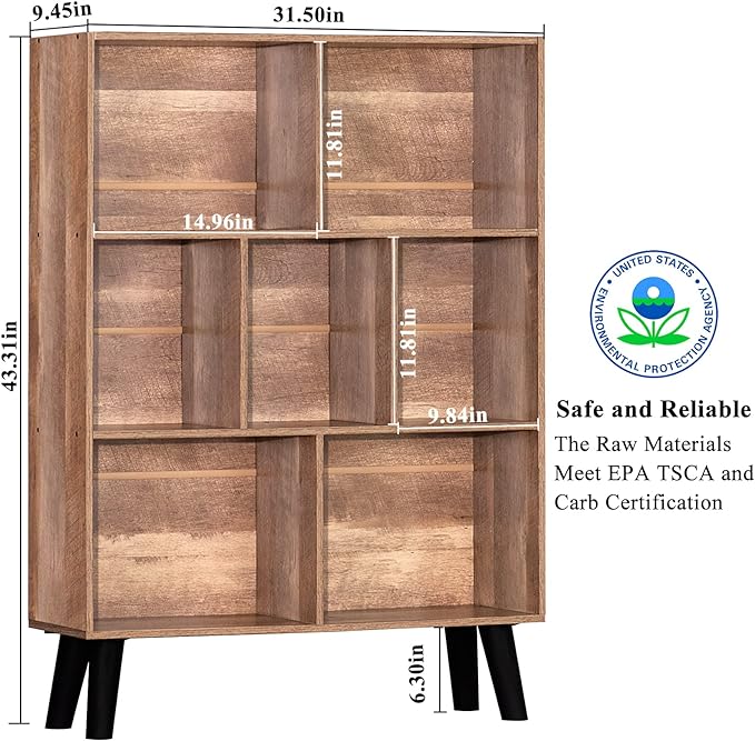 LEYAOYAO 7 Cube Bookshelf 3 Tier Modern Bookcase with Legs,Wood Book Shelves Storage Organizer Shelf,Free Standing Bookcases,Oak Display Bookshelves