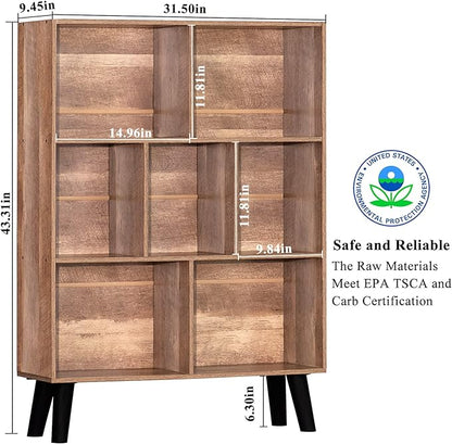 LEYAOYAO 7 Cube Bookshelf 3 Tier Modern Bookcase with Legs,Wood Book Shelves Storage Organizer Shelf,Free Standing Bookcases,Oak Display Bookshelves