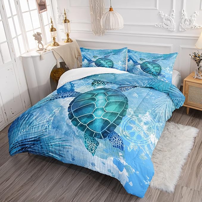 CVHOUSE Sea Turtle Bedding Set,Sea Turtle Comforter King,Ocean Bohemia Comforter Set for Boys Kids Girls,Ocean Quilt Set with 1 Comforter and 2 Pillow Cases