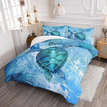CVHOUSE Sea Turtle Bedding Set,Sea Turtle Comforter King,Ocean Bohemia Comforter Set for Boys Kids Girls,Ocean Quilt Set with 1 Comforter and 2 Pillow Cases