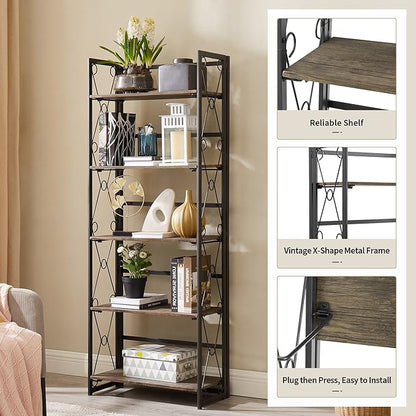 VECELO Folding Bookshelf, 5-Tier Bookcase Foldable, Industrial Tall Book Shelf Storage Organizer with Collapsible Metal Frame for Living Room/Home Office,Light Brown,1 Set