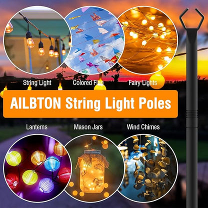 AILBTON 2 Pack 10Ft String Light Poles,Light Poles for Outside String Lights,Outdoor Light Poles with Fork,Metal Pole Stand for Patio,Backyard,Deck