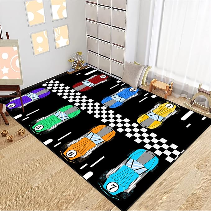 Race Car Rug Kids Play Area Rugs Race Car Track Rug Kids Rug with Roads and Tracks Car Track Carpet Car Rug for Boys Room Race Car Room Decor for Boys,Black 4'5''×6'