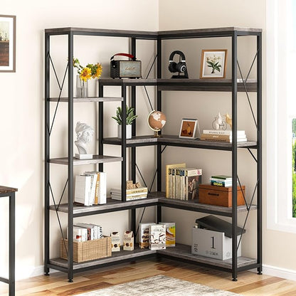 Shintenchi 5 Tiers Corner Bookshelf, 70.86" Tall L-Shaped Bookcase, Large Corner Etagere Bookcase, Corner Shelf Display Storage Rack with Metal Frame for Living Room Home Office, Grey