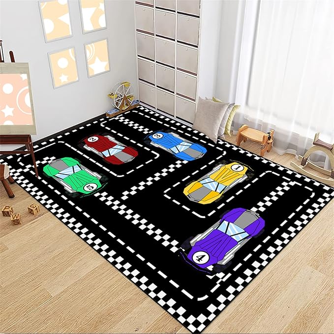 Car Rug Race Car Rug Car Track Rugs for Boys Race Track Carpet Race Car Track Rug Car Rug for Boys Room Car Rug Play Mat Car Carpet for Kids Rugs for Boys Bedroom,Black 4'×5'