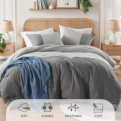 Grey Comforter Queen Set - Modern Soft Farmhouse Comforter Sets for Men, Masculine Colorblock Pattern Bedding Set for All Season, 3 Pieces includes 1 Comforter, 2 Shams (90"x 90")