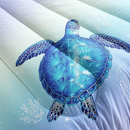 Turtle Comforter Full Size,Ocean Comforter Set for Kids Teens Girls Boys,3Pcs Bedding Set Printed Comforter with 2 Pillowcases,Down Alternative,Soft and Lightweight(Blue，Full Size)