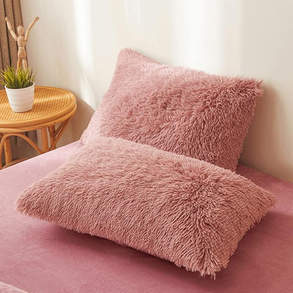 Old Pink Plush Fluffy Comforter Cover Set Queen - Ultra Soft Faux Fur Old Pink Bedding Sets 3 Pieces (1 Fuzzy Duvet Cover + 2 Pillow case) Shaggy Bed Set (Old Pink, Queen)