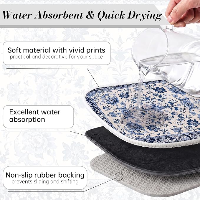 Chinoiserie Dish Drying Mat for Kitchen Coffee Bar 18x24 in Home Decor | Chinese Aesthetic Non Slip Absorbent Kitchen Dishes Drainer Mat, with Anti-slip Rubber Backing & Hanging Loop, for Sink