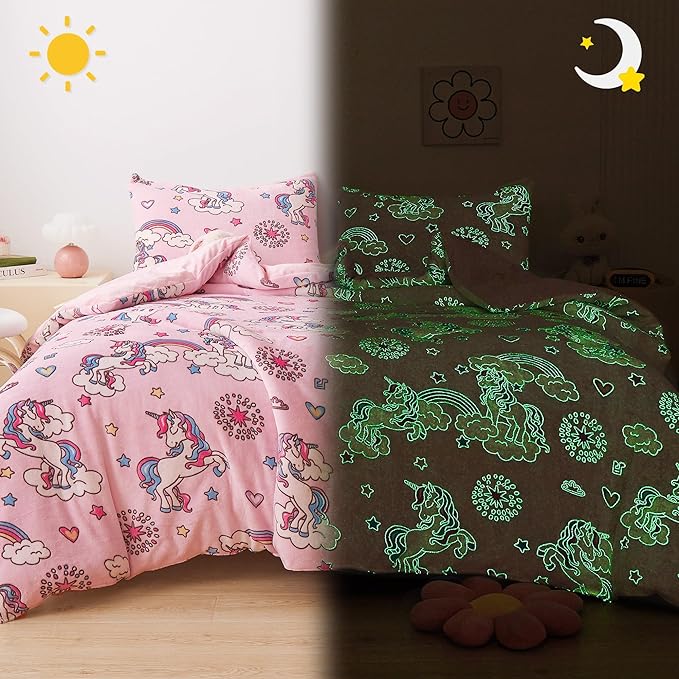 Mooreeke Glow in The Dark Twin Plush Fleece Comforter Bed Set, Soft & Warm 2 Piece Bed in A Bag with Sham, Velour Velvet Pink Unicorn Girls Kids Bedding Set, Fluffy Fuzzy Polar Cozy and Stylish