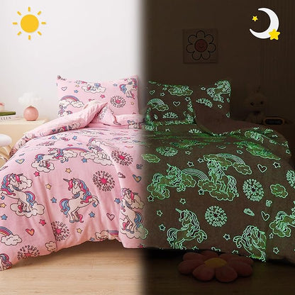 Mooreeke Glow in The Dark Twin Plush Fleece Comforter Bed Set, Soft & Warm 2 Piece Bed in A Bag with Sham, Velour Velvet Pink Unicorn Girls Kids Bedding Set, Fluffy Fuzzy Polar Cozy and Stylish