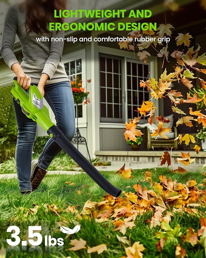 HARDELL Leaf Blower, 18V Small Leaf Blower Cordless with 2.0Ah Battery & Fast Charger, Lightweight Electric Leaf Blower for Lawn Care, Patio, Blowing Leaves, Green