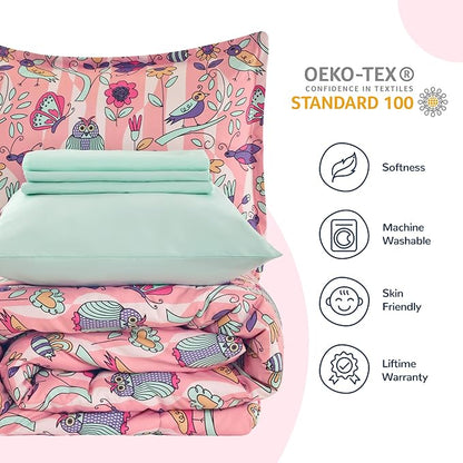 SLEEP ZONE Comforter Set Bed in A Bag, 7 Pieces Girls, Cattoon Pattern for Kids, Toddlers, Teens, Ultra Soft and Washable (Garden Secret,Full/Queen)