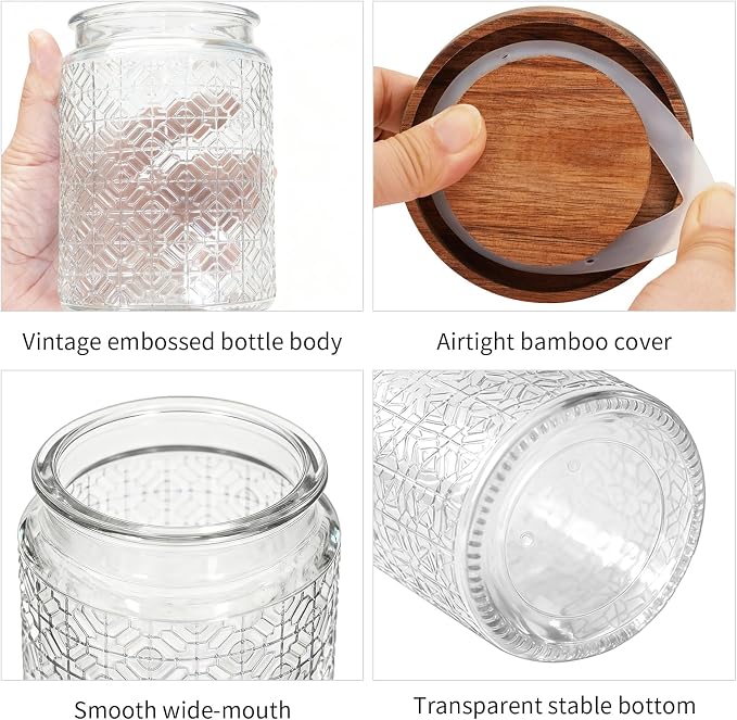 1Pc 24oz Window Style Vintage Glass Candy Jar with Solid Wood Lid, Kitchen Storage Canister for Sugar, Coffee, Tea, Cookies, Bath Salt - Decorative Mason Jar (1, Clear, 24oz)