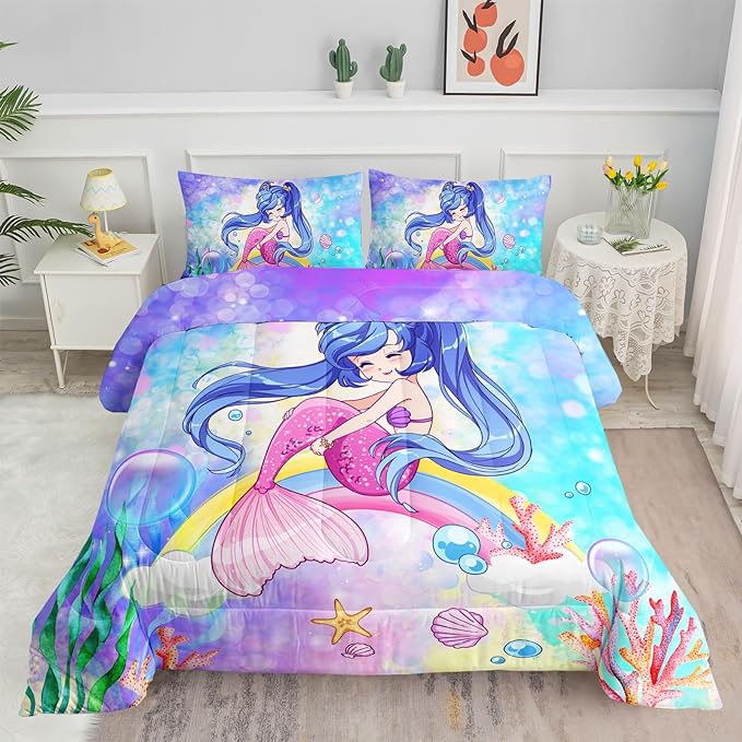 Datura home Kids Mermaid Comforter Set for Girls Women,Cute Mermaid Girl and Rainbow Shell Starfish Printed Pattern Blue Kawaii Bedding Set with 2 Pillowcases(Mermaid Girl Queen)