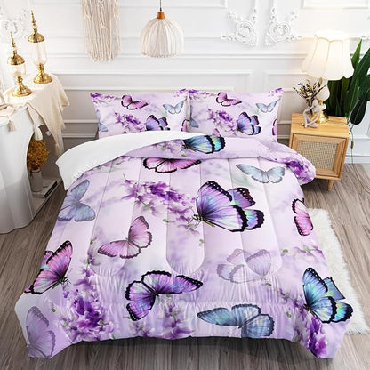 Purple Lavender Butterfly Comforter Set for Girl Kid Adult Colorful Butterfly Pattern Bedding Set Aesthetics Butterflies Quilt Bed Set Twin Size with 1 Comforter and 2 Pillowcases