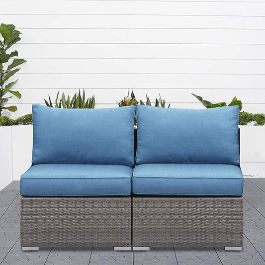 Wisteria Lane 2 Piece Patio Armless Sofa, Outdoor Wicker Sectional Furniture with Cushion, Additional Loveseats for Garden Backyard, Blue