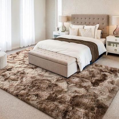 4x6 Large Area Rugs for Living Room, Super Soft Fluffy Modern Bedroom Rug, Tie-Dyed Brown Indoor Shag Fuzzy Carpets for Girls Kids Nursery Room Home Decor