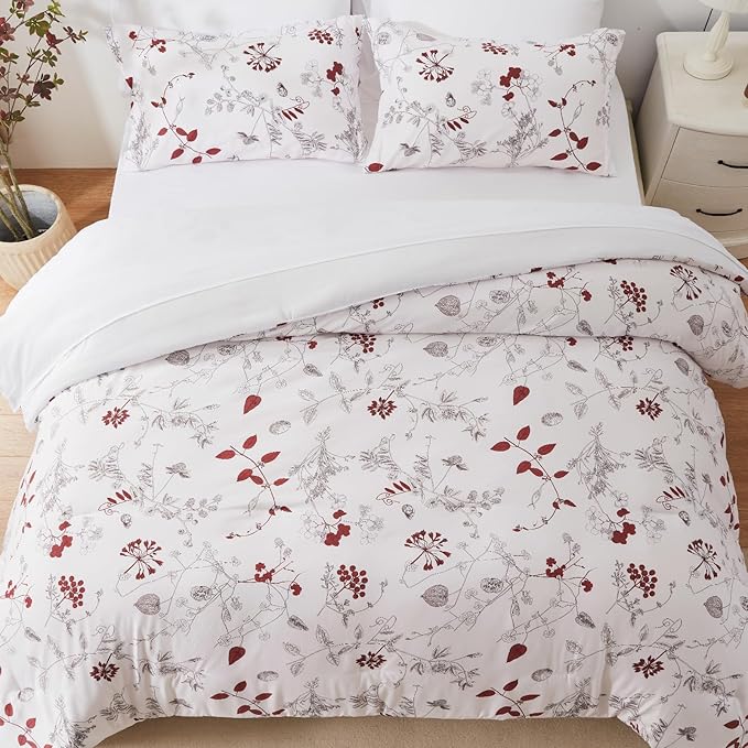 EMME Twin Comforter Set - Red Floral Bedding Set 5 PCS with Flowers Leaves Pattern, Soft Plant Printed Botanical Bed Set with Sheets, Fluffy Bed Bag for All Season(68"X90")
