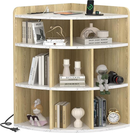 Vecelo Corner Cabinet with Charging Station, 3-Tier Cube Storage Organizer with USB Ports and Outlets, Triangle Bookcases Corner Shelf with 8 Cubbies for Playroom, Bedroom, Living Room, Marble White