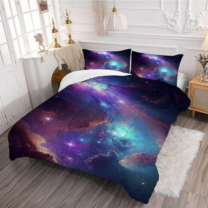 Purple Galaxy Bedding Set Full Size Outer Space Comforter Set for Girls Teens Kids Women Boys Starry Nebula Blue Glitter Quilt 1 Comforter + 2 Pillow Cases
