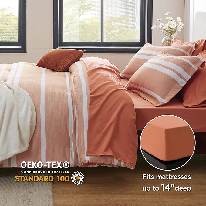 Bedsure Bed in a Bag Twin Size 5 Pieces, Burnt Orange White Striped Bedding Comforter Sets All Season Bed Set with 1 Pillow Sham, Flat Sheet, Fitted Sheet and 1 Pillowcase