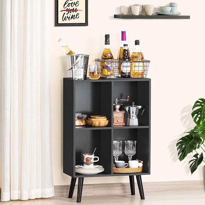 YAHARBO 4 Cube Black Bookshelf, Small Black Narrow Book shelf, 3 Tier Modern Bookcase with Legs,Bookshelves Wood Storage Shelf, Rustic Book Shelves Cube Organizer, Display Bookcase