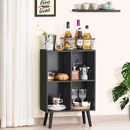 YAHARBO 4 Cube Black Bookshelf, Small Black Narrow Book shelf, 3 Tier Modern Bookcase with Legs,Bookshelves Wood Storage Shelf, Rustic Book Shelves Cube Organizer, Display Bookcase