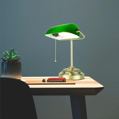Newhouse Lighting NHDK-MO-GOAZ Morgan Antique Green and Brass Glass and Metal Adjustable Classic Banker Lamp | Compatible with Energy-Efficient LED Bulb