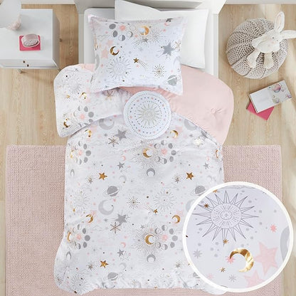 Mi Zone Kids Twin Comforter Set, Celestial Metallic Comforter Set Starry Sky, Moon & Sun Comforters, All Seasons Lightweight & Fluffy Comforter Bed Set, 1 Sham, Celia, Twin, Blush/Gold 3 Piece