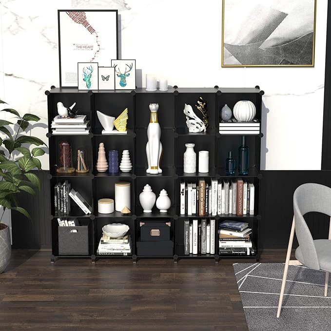 HOMIDEC 20-Cube Black Cube Storage Organizer, Modular Storage Shelf with Hammer, Cube Storage Bin Cabinet Closet Bookshelf for Living Room, Bedroom, Office, Each Cube Size 11.8 x 11.8 inch