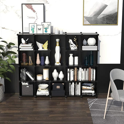 HOMIDEC 20-Cube Black Cube Storage Organizer, Modular Storage Shelf with Hammer, Cube Storage Bin Cabinet Closet Bookshelf for Living Room, Bedroom, Office, Each Cube Size 11.8 x 11.8 inch