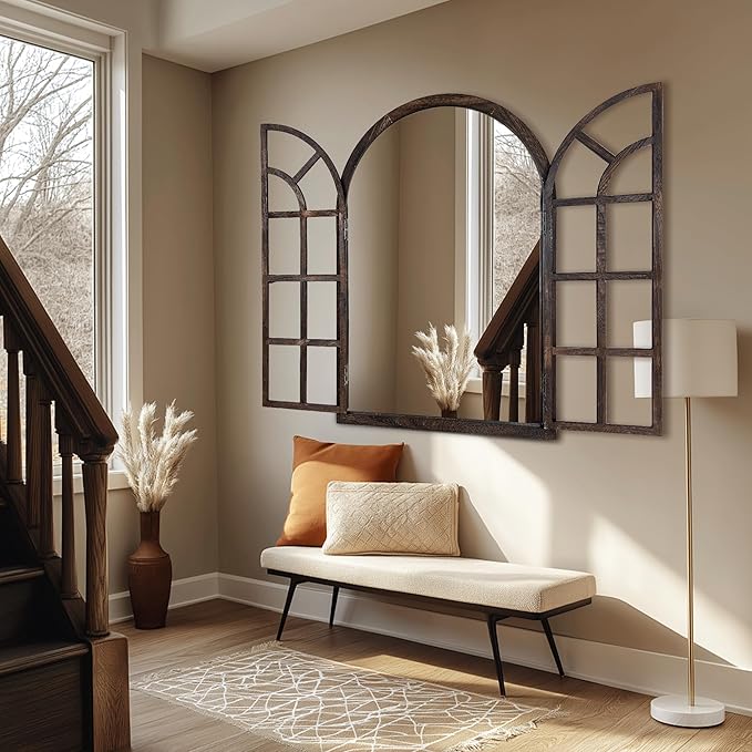 Arched Wall Mirror with Window Design, 36"x24" Rustic Farmhouse Wood Mirror for Wall Decor, Decorative Vintage Arch Mirror for Living Room, Bedroom, Entryway