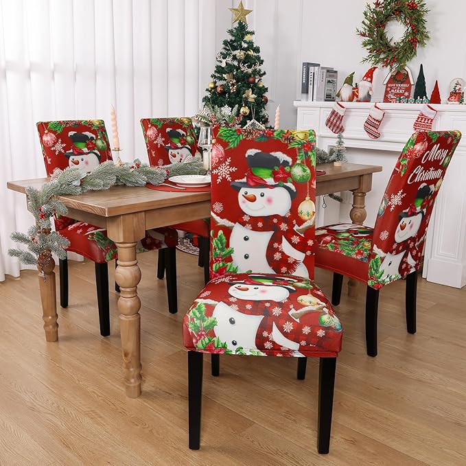 U'Artlines Christmas Chair Covers Set of 6, Removable Washable Merry Christmas Dining Chair Seat Covers Stretch Protector Slipcovers for Dining Room Kitchen Holiday Party Decor, Snowman
