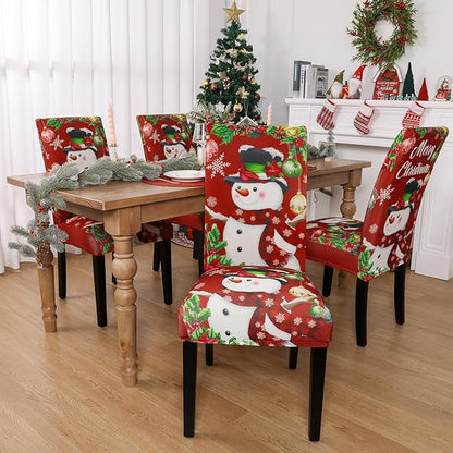 U'Artlines Christmas Chair Covers Set of 6, Removable Washable Merry Christmas Dining Chair Seat Covers Stretch Protector Slipcovers for Dining Room Kitchen Holiday Party Decor, Snowman