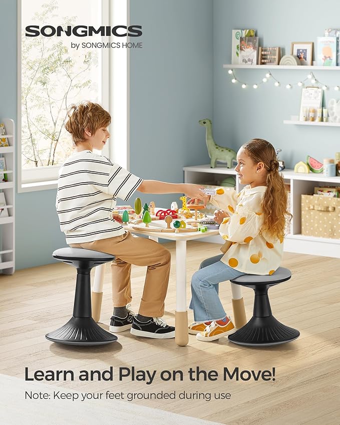 SONGMICS Kids Wobble Chair, Wiggle Stool for Kids Ages 5-8, Comfortable 60D Foam Seat, Breathable Fabric, Anti-Slip Base, 14.2-Inch High, Tool-Free Assembly, Ink Black and Dove Gray UOSC009B01