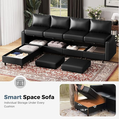 118.5" Faux Leather Modular Sectional Sofa with Storage Seat, Oversized 4 Seater Couch Deep Seat with Removable Cover Black