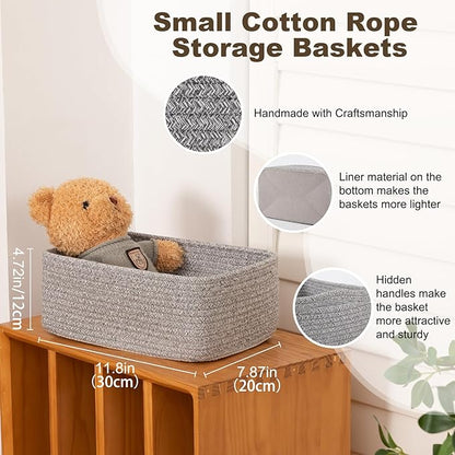 3 Pack Small Storage Baskets for Organizing, Cute Woven Decorative Gift Baskets for Shelves, Mini Closet Organizer Bins with Handles, 11.81''Lx7.87''Wx4.72''H-Grey