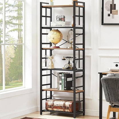 HOMBAZAAR Bookshelf,6 Tier Tall Bookshelf with Metal Frame,Open Bookshelves and Bookcases,Industrial Book Shelf for Living Room,Home Office and Bedroom,Rustic Brown
