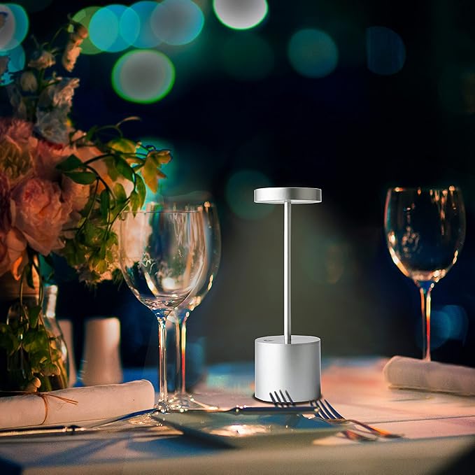 Cordless Table Lamp, Rechargeable LED Battery 5000mAh Metal USB Portable Powered Desk Lamp, 3 Levels Brightness Light for Restaurants Outdoor (10.25in Silver)