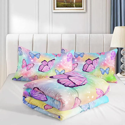 Datura home Bedding Comforter Set Rainbow Watercolor Butterfly Printed Pattern Quilt with 1 and 2 Pillowcases for Girls Bedroom All Season(Butterfly Queen) Queen 90x90inches