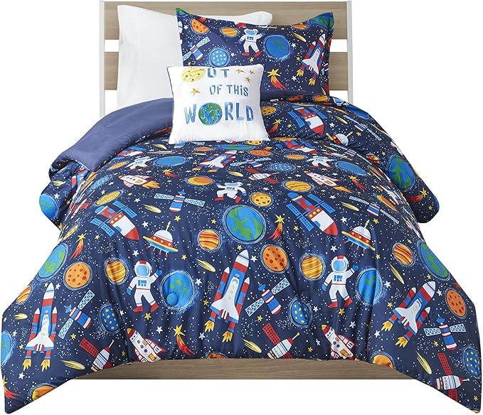 Mi Zone Kids Jason Cozy Comforter Outer Space Rocket Ships, Astronauts Print, All Season Cover, Hypoallergenic Bedding Set, Matching Sham, Decorative Pillow, Twin(66" Wx86 L), Multi 3 Piece