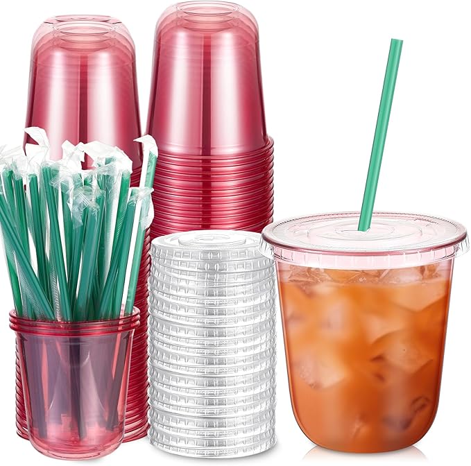 Baderke 25 Set Plastic Cups with Lids and Straws, Disposable Plastic Iced Coffee Cup for Cold Beverage Juice Smoothie Crystal for Coffee Shops Party Catering(Pink,12 oz)