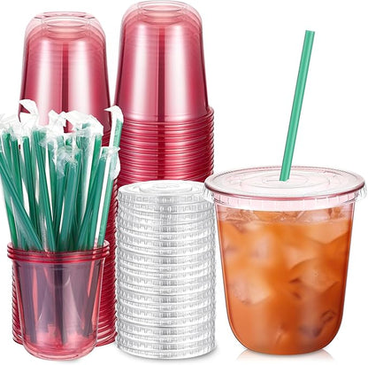 Baderke 25 Set Plastic Cups with Lids and Straws, Disposable Plastic Iced Coffee Cup for Cold Beverage Juice Smoothie Crystal for Coffee Shops Party Catering(Pink,12 oz)