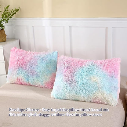 WINLIFE Shaggy Bedding Comforter Set Faux Fur Flannel Furry Comforter Microfiber Long Hair Fluffy Plush Comforter Sets Gradient Ombre Tie Dye MultiColor Bedding for Girls Adults (3Pcs, Full, Rainbow)