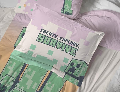 Minecraft Creeper Twin Comforter Set - 5 Piece Bedding includes Sheet Set & Pillow Covers - Super Soft Pink & Green Kids Bedding