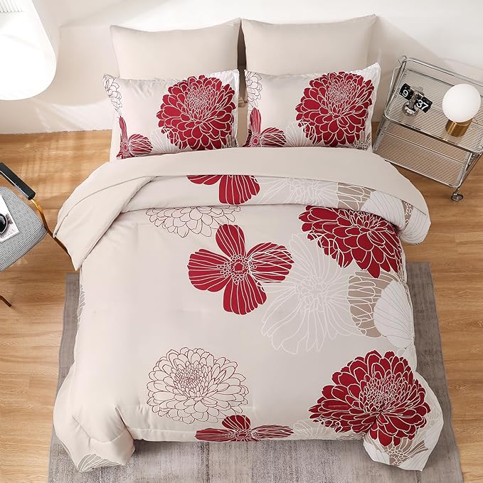 Yiran 7 Pieces Queen Comforter Set Red Floral Bed in a Bag Soft Microfiber Bedding Set 90"×90"(1 Comforter 1 Flat Sheet 1 Fitted Sheet 2 Pillowshams 2 Pillowcases)
