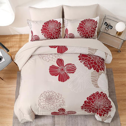 Yiran 7 Pieces Queen Comforter Set Red Floral Bed in a Bag Soft Microfiber Bedding Set 90"×90"(1 Comforter 1 Flat Sheet 1 Fitted Sheet 2 Pillowshams 2 Pillowcases)